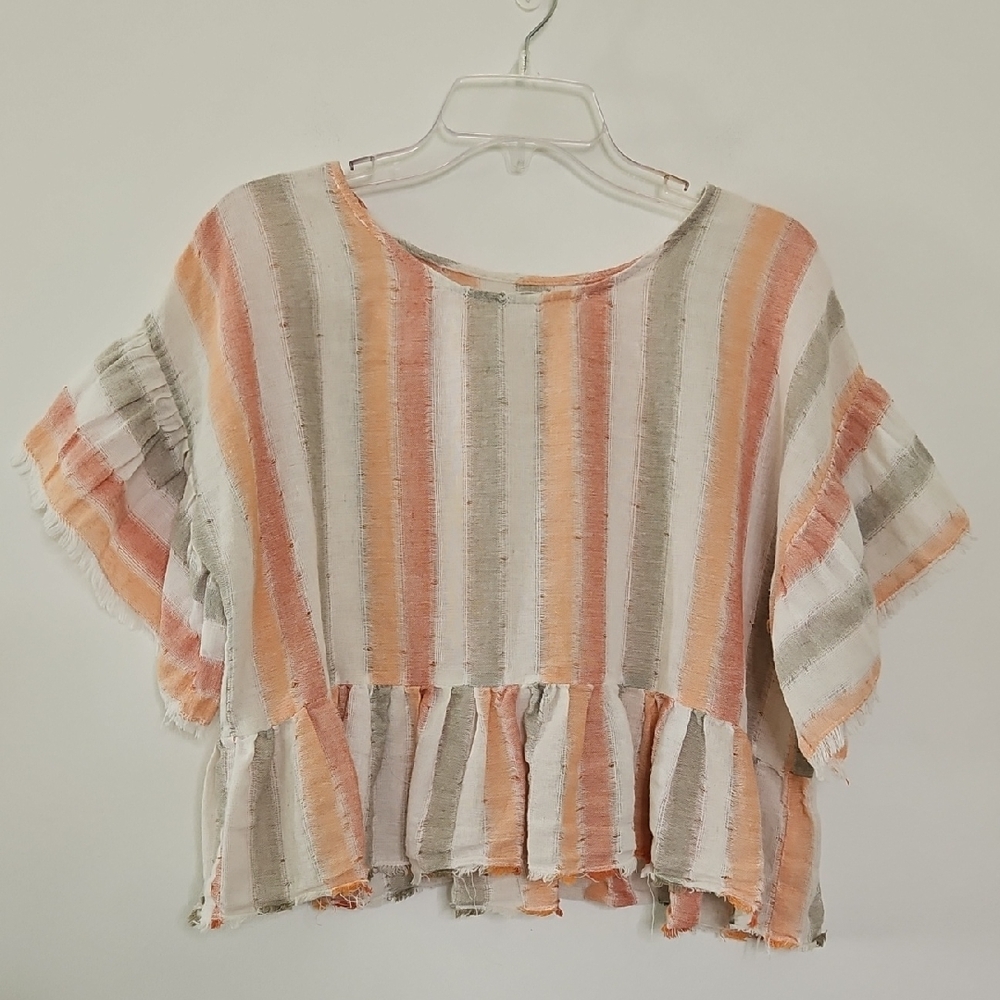 Mustard Seed Linen Gauze Striped Blouse With Ruffle Boho‎ Festival Size Large